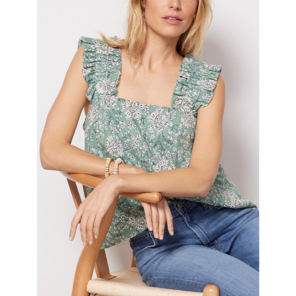 Evereve Lora Ruffle Strap Tank Top Blouse Green Cream Floral Size Large
